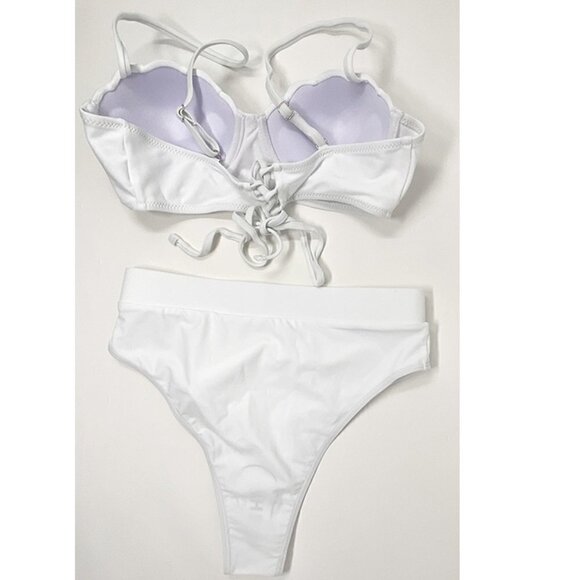 White 2-Piece Bikini High Waisted Scalloped Trim Balconette Push Up Top NWOT - Picture 3 of 13